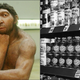Left: Reconstruction of a Neanderthal man; Right: Black and white photo of tin cans lined up on a supermarket shelf
